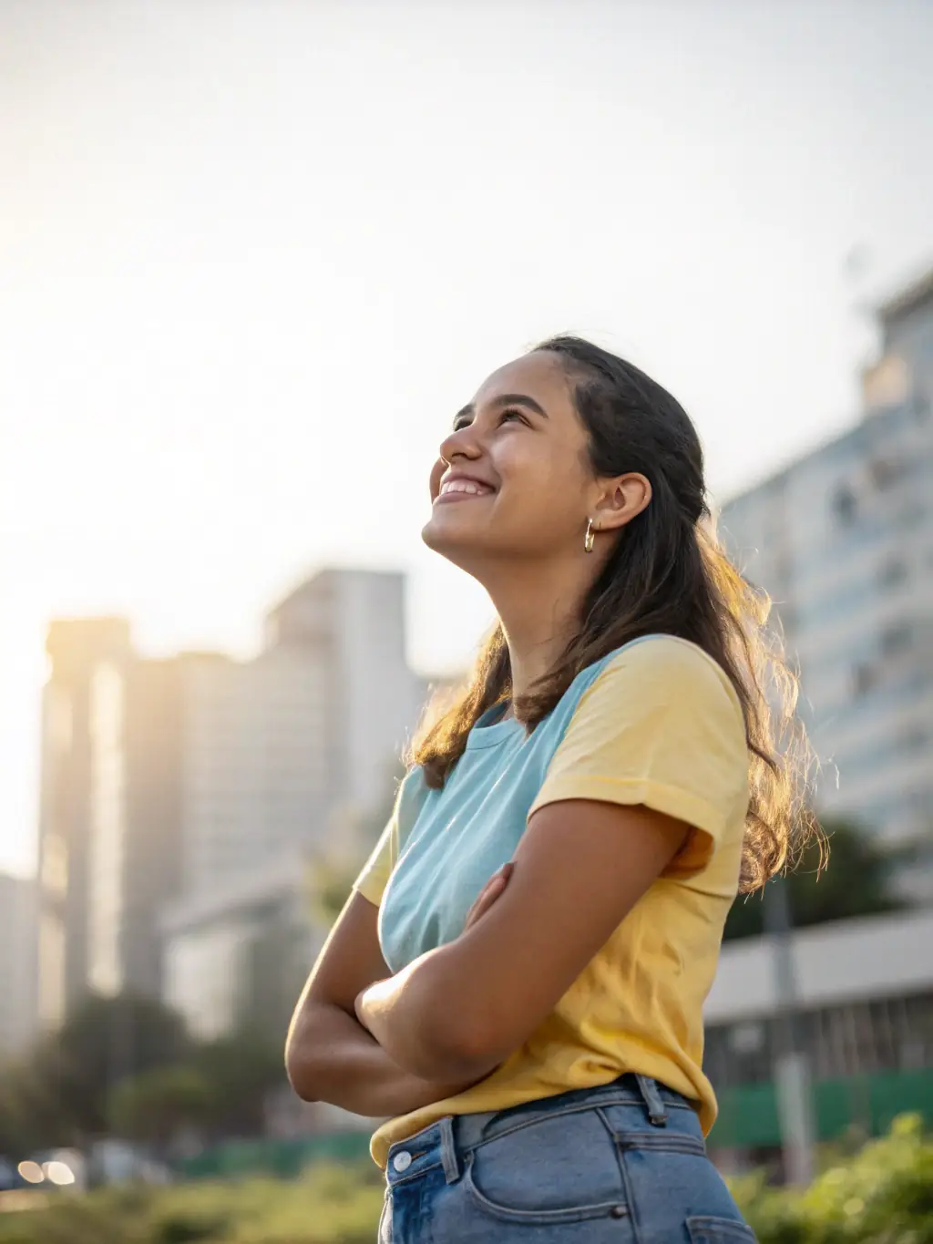 A confident entrepreneur standing in front of a cityscape, symbolizing leadership and vision.